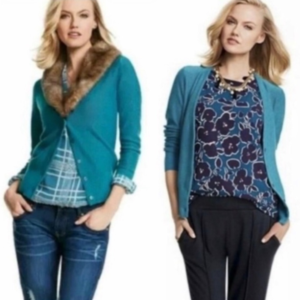 Cabi Sweater 3018 Tearoom Cardigan Fur Collar Teal